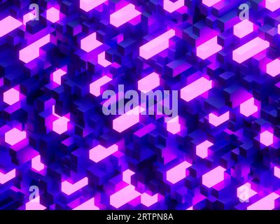 3D-Illustration eines abstrakten geometrischen Hintergrunds aus Würfeln mit Glühen Stockfoto