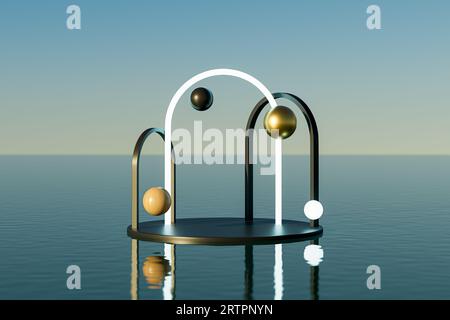 3D-Präsentation Holzsockel mit Bögen über dem Hintergrund der Meereslandschaft. Abstrakte surrealistische Szene. 3D-Darstellung des Mockups des Präsentationspodiums für Ausstellungs- oder Werbezwecke Stockfoto