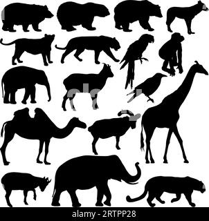 Silhouette Elefant bear eagle Trab Ente zebra auf einem weißen Hintergrund. Stock Vektor