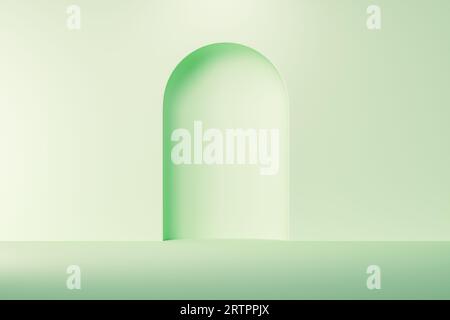 3D-Präsentationshintergrund über grüner Wand mit Bogen. 3D-Darstellung des Mockup-Hintergrunds für Anzeige- oder Werbezwecke Stockfoto