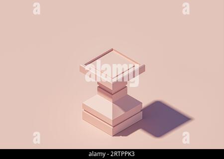 Sockel der 3D-Präsentationssäule über rosafarbenem, flachem Hintergrund im Querformat. Isometrische Darstellung des rosafarbenen Sockels. 3D-Darstellung des Mockups des Präsentationspodiums für Ausstellungs- oder Werbezwecke Stockfoto