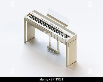 3D-Illustration eines digitalen Klaviers oder Synthesizers in voller Größe mit Musikgestell und Ständer isoliert auf weißer isometrischer Ansicht Stockfoto