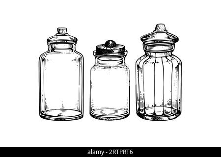 Leere Glasbehälter, Tintenskizze. Vector Vintage schwarze Gravurillustration. Stock Vektor