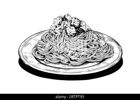 Italienische Pasta. Spaghetti auf einem Teller, Gabel mit Spaghetti Vektor-Gravur-Illustration. Stock Vektor