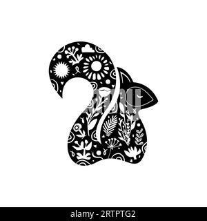 Eichhörnchen Hand gezeichnet in Linolschnitt oder Holzschnitt, Silhouettenvektor Illustration, isoliert auf weißem Hintergrund. Moderner Boho-Linolschnitt. Stock Vektor
