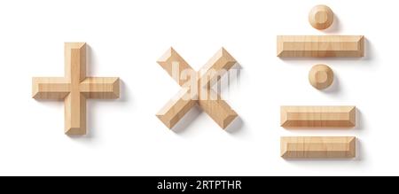 Buchstaben und Symbole aus Holz. 3D-Illustration des hölzernen Alphabets isoliert auf weißem Hintergrund Stockfoto