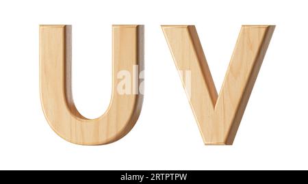 Buchstaben aus Holz. 3D-Illustration des hölzernen Alphabets isoliert auf weißem Hintergrund Stockfoto