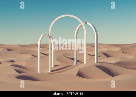 3D surreale Präsentation Wüstenlandschaft Hintergrund mit drei Bögen. 3D-Wiedergabe des Mockups des Präsentationspodiums zu Präsentations- oder Werbezwecken Stockfoto