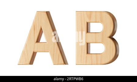 Buchstaben aus Holz. 3D-Illustration des hölzernen Alphabets isoliert auf weißem Hintergrund Stockfoto