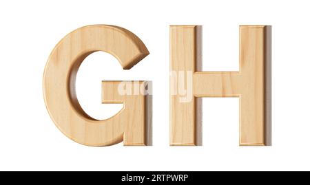 Buchstaben aus Holz. 3D-Illustration des hölzernen Alphabets isoliert auf weißem Hintergrund Stockfoto