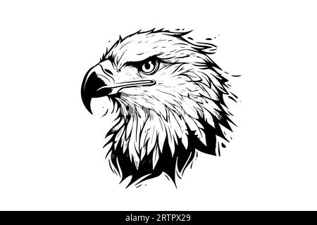 Eagle Head-Logo-Maskottchen im Gravurstil. Vektorillustration des Zeichens oder der Marke. Stock Vektor