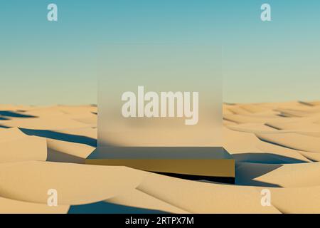 3D-Präsentationssockel in der Wüste mit transparenter Rückseite aus Milchglas im Freien. 3D-Wiedergabe des Mockups des Präsentationspodiums zu Präsentations- oder Werbezwecken. 3D-Illustration Stockfoto