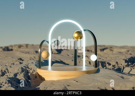 3D-Präsentation Holzsockel mit Bögen über Felsenlandschaft Hintergrund. Abstrakte surrealistische Szene. 3D-Wiedergabe des Mockups des Präsentationspodiums zu Präsentations- oder Werbezwecken Stockfoto