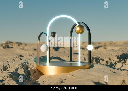 3D-Präsentation: Goldener Sockel mit Bögen über dem Hintergrund der Felsenlandschaft. Abstrakte surrealistische Szene. 3D-Wiedergabe des Mockups des Präsentationspodiums zu Präsentations- oder Werbezwecken Stockfoto