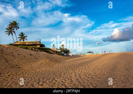 Blick auf den Strand von Imbassai, Bahia, Brasilien. Wunderschöner Strand im Nordosten mit einem Fluss und Palmen. Stockfoto