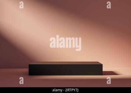 3D-Präsentation mit schwarzem Sockel oder mit rosafarbenem Hintergrund, der durch Sonnenlicht beleuchtet wird. 3D-Wiedergabe des Mockups des Präsentationspodiums zu Präsentations- oder Werbezwecken Stockfoto