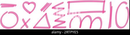 Pinseln und Markieren in Pink, Markierstift zur Unterstreichung, Bleistiftkritzel. Mit Buntstiften markierte Farbeffekte und Skizzen. Flache Vektorgrafiken Stock Vektor