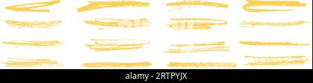 Gelber Pinselstrich, strukturierte Linie und Grunge-Effekt. Markierungs-Scribble-Formulare. Flache Vektorgrafiken isoliert im Hintergrund. Stock Vektor