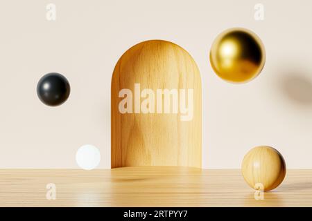 3D Abstraktionskunsthintergrund mit Holzboden über weißer Wand mit Bogen. 3D-Rendering abstrakter Kunst Stockfoto