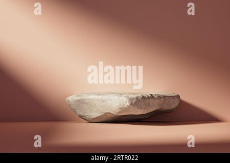 3D-Präsentationssockel oder -Dächer aus Stein in rosafarbenem Raum, der von Sonnenlicht beleuchtet wird. 3D-Wiedergabe des Mockups des Präsentationspodiums zu Präsentations- oder Werbezwecken Stockfoto