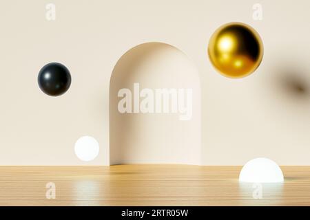 3D Abstraktionskunsthintergrund mit Holzboden über weißer Wand mit Bogen. 3D-Rendering abstrakter Kunst Stockfoto