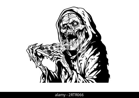 Zombie isst eine Pizza-Tusche-Skizze. Walking Dead Fast Food Hand Zeichnung Vektor Illustration. Stock Vektor