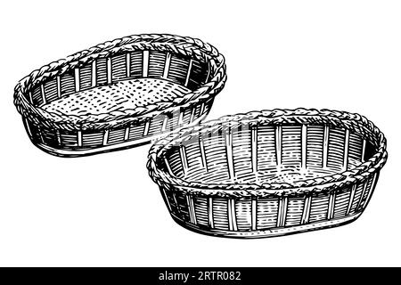Handgezeichnete Skizze des Korbs aus Korbgeflecht. Vektorillustration mit Gravur. Vorlage für Ihre Konstruktion funktioniert. Stock Vektor