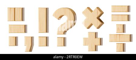 Buchstaben aus Holz. 3D-Illustration des hölzernen Alphabets isoliert auf weißem Hintergrund Stockfoto