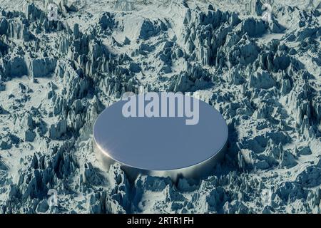 3D-Präsentation runder Metallsockel über surrealistischem Felsenlandschaftshintergrund. 3D-Wiedergabe des Mockups des Präsentationspodiums zu Präsentations- oder Werbezwecken Stockfoto