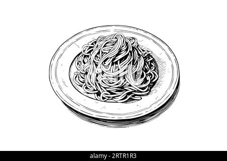 Italienische Pasta. Spaghetti auf einem Teller, Gabel mit Spaghetti Vektor-Gravur-Illustration. Stock Vektor