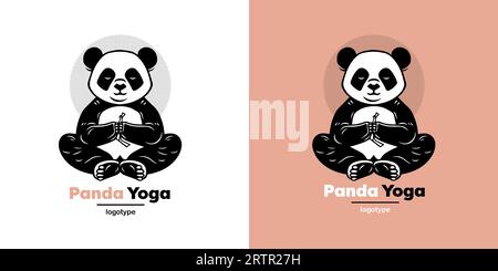 Vektor-Logo-Illustration Panda einfaches Maskottchen des Yoga-Stils. Designvorlage für das Logo auf weißem und rosafarbenem Hintergrund. Stock Vektor