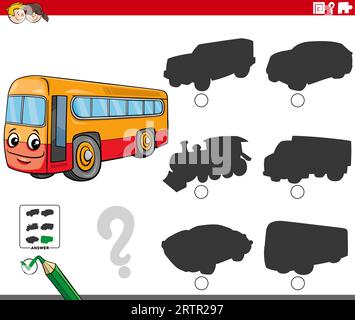 Comic-Illustration der Suche nach dem richtigen Bild zum Schattenspiel mit Comic-Bus-Fahrzeug Stock Vektor