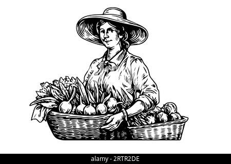Eine Farmerin, die auf dem Feld im Gravurstil erntet. Zeichnung Tinte Skizze Vektor Illustration. Stock Vektor