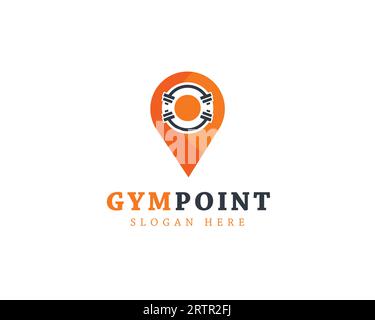 Design-Vorlage für Fitnessstudio und Fitness-Logo. Kartenzeiger mit Symbol für Yoga. Logo-Design für die Marke Gym Point Stock Vektor