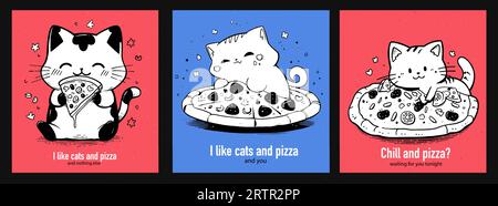 Set mit Drucken mit Katzen und Pizza auf rotem und blauem Hintergrund. Vorlage für Beiträge in sozialen Netzwerken. Banner für Werbung, Cover für Menü. Stock Vektor