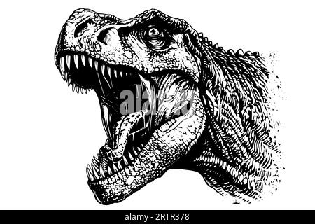 Dinosaurier tyrannosaurus Kopf Hand gezeichnete Tuschezeichnung. Vektorillustration. Logo, Symbol, Schild, Maskottchen, Druckdesign. Stock Vektor