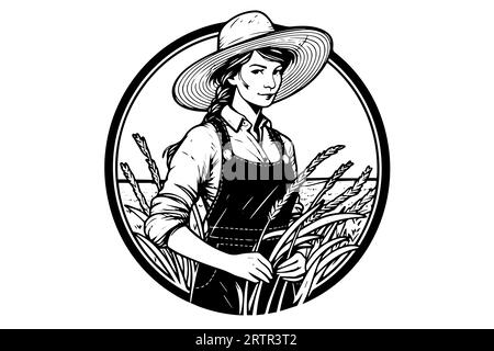 Eine Farmerin, die auf dem Feld im Gravurstil erntet. Zeichnung Tinte Skizze Vektor Illustration. Stock Vektor