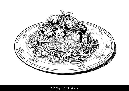 Italienische Pasta. Spaghetti auf einem Teller, Gabel mit Spaghetti Vektor-Gravur-Illustration. Stock Vektor