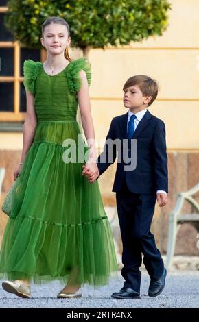 Gemeinde Ekero, Schweden. September 2023. Prinzessin Estelle und Prinz Oscar von Schweden kommen am 14. September 2023 im Drottningholm Palace Theatre in Lovön an, um an der Jubiläumsaufführung der Königlich Schwedischen Oper zu Ehren von HM zu teilnehmen Stockfoto