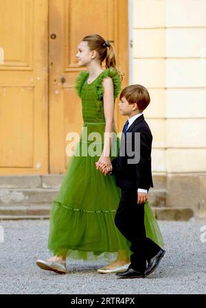 Gemeinde Ekero, Schweden. September 2023. Prinzessin Estelle und Prinz Oscar von Schweden kommen am 14. September 2023 im Drottningholm Palace Theatre in Lovön an, um an der Jubiläumsaufführung der Königlich Schwedischen Oper zu Ehren von HM zu teilnehmen Stockfoto