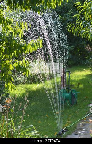 Im Sommer arbeitet der Garten an einer Bewässerung der Sprinkleranlage Stockfoto