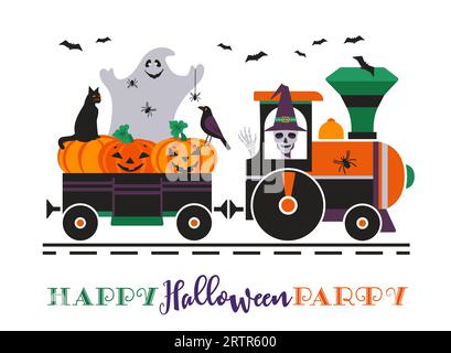 Skelett Ride gruseliger Zug mit Halloween-Symbolen Stock Vektor