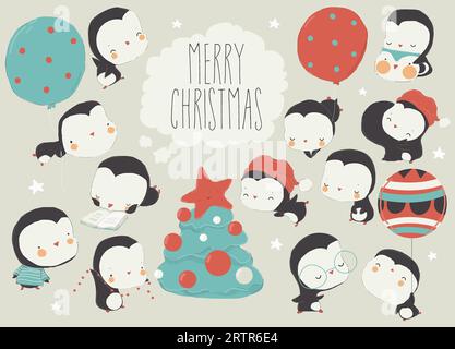 Glückliche Pinguine feiern das neue Jahr, schmücken den Weihnachtsbaum und schenken Geschenke Stock Vektor