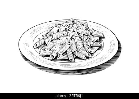 Italienische Pasta. Spaghetti auf einem Teller, Gabel mit Spaghetti Vektor-Gravur-Illustration. Stock Vektor