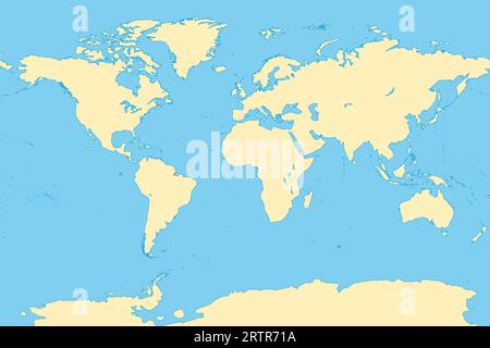 Die Welt, allgemeine Referenzkarte. Karte der Erdoberfläche mit den Landmassen aller Kontinente, mit den größten Seen, Ozeanen und Meeren. Stockfoto
