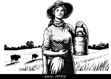 Eine Farmerin, die auf dem Feld im Gravurstil erntet. Zeichnung Tinte Skizze Vektor Illustration. Stock Vektor