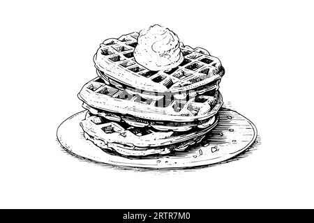 Waffeln mit Eis, handgezeichnete Tuschezeichnung. Gravurstil Vektorillustration. Stock Vektor