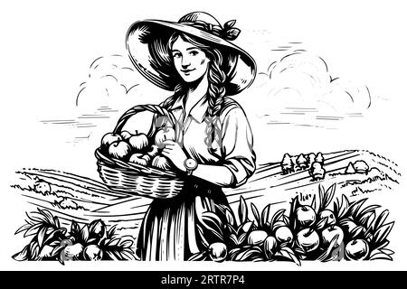 Eine Farmerin, die auf dem Feld im Gravurstil erntet. Zeichnung Tinte Skizze Vektor Illustration. Stock Vektor