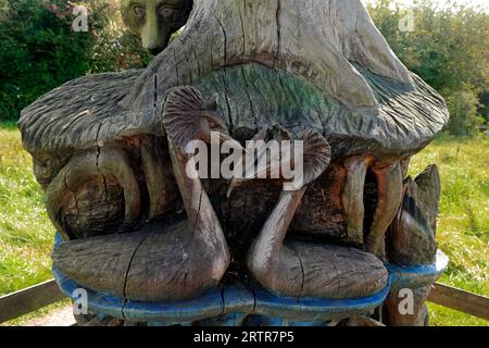 Holzschnitzereien im Cosmeston Lakes and Country Park, South Wales. September 2023 Stockfoto