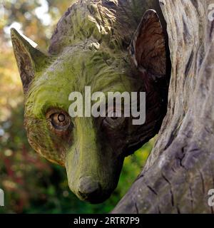 Holzschnitzereien im Cosmeston Lakes and Country Park, South Wales. September 2023 Stockfoto